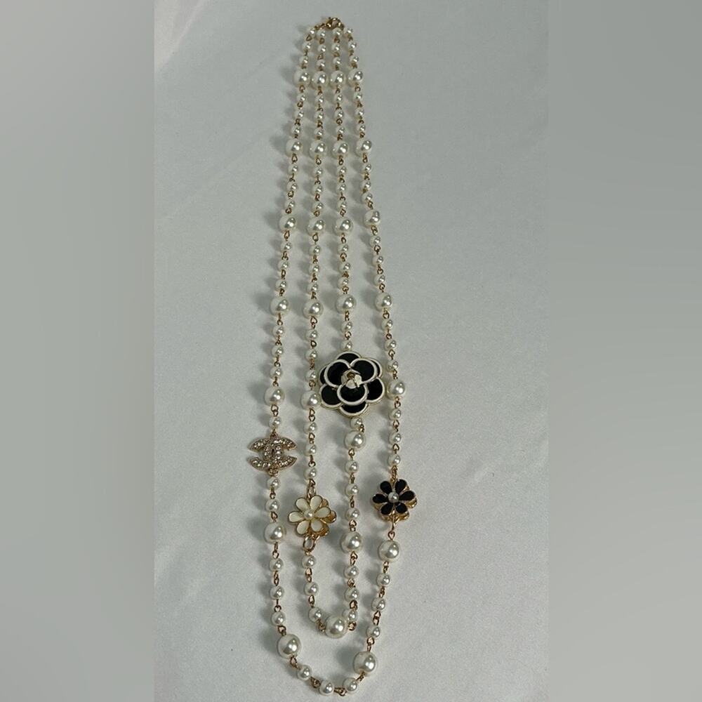 Pearl & Gold Flower Necklace Simulated Faux Pearl Strand Layers Chanel extender - Picture 6 of 10